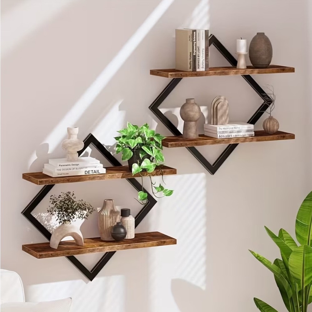 💠 Petite Black and Brown Diamond Floating Wall Shelves – Set of 2 Units - Picture 8 of 13